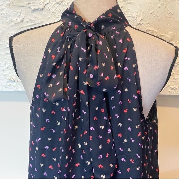 Ann Taylor Top Floral "Silky" Polyester Halter Bow Top Navy Blue NWT Sz M $74 - Picture 8 of 11